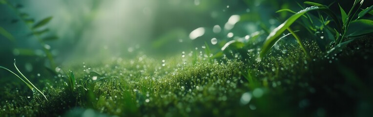Poster - Close-up of vibrant green moss with droplets after rainfall in a serene forest setting during the early morning hours