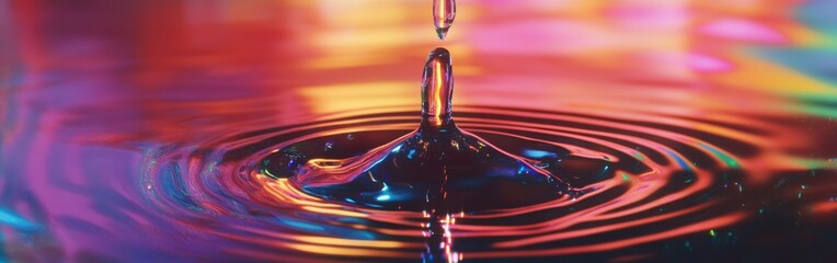 Poster - Close-up view of a water droplet creating ripples in colorful reflections in a serene environment