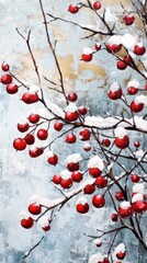 Poster - Vibrant winter berries adorned with snow contrast against a textured blue backdrop in a tranquil winter setting