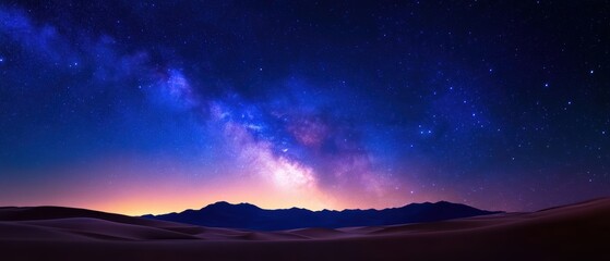Wall Mural - A stunning panoramic view of the night sky, featuring a vibrant Milky Way, illuminated by stars against a serene desert landscape.