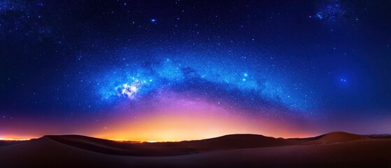Wall Mural - A stunning panoramic view of the night sky, featuring a vibrant Milky Way, illuminated by stars against a serene desert landscape.