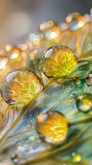 Poster - Close-up view of vivid water droplets on a leaf capturing intricate details in natural light