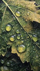 Poster - Close-up view of vivid water droplets on lush green leaves reflecting light and nature's beauty