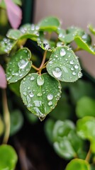 Poster - Close-up view of vibrant green leaves adorned with fresh spring raindrops in a natural setting