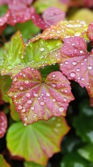 Poster - Spring raindrops collecting on vibrant green and red leaves in a lush garden setting