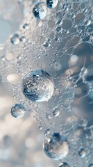 Poster - Close-up view of dew drops delicately resting on a spider web in a serene morning setting