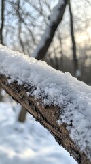 Poster - Close-up view of a snow-covered branch in a tranquil winter forest during late afternoon light