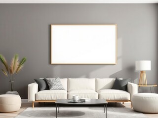 A mockup of a blank living room wall art with stylish decor elements, contemporary, living room, empty wall