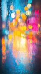 Aufkleber - Bright city lights reflecting on wet pavement during a rainy night in an urban atmosphere showcasing vibrant colors