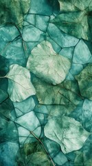 Aufkleber - Leaves create an abstract reflection on a textured surface with a cool color palette during a serene moment