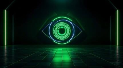 Wall Mural - a futuristic, neon-lit eye symbol with intricate digital patterns, set against a dark, grid-patterne