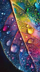 Poster - Close-up view of morning dew droplets shimmering on a vibrant leaf in early sunlight
