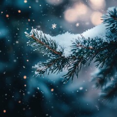 Leinwandbilder - Snow-covered pine needles glistening in winter's embrace during a serene snowfall in a tranquil forest setting