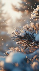 Poster - Close-up of snow-laden pine needles glistening in winter light at a serene forest location