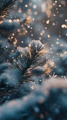 Poster - Close-up view of snow-covered pine needles glistening under soft winter light