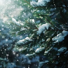Poster - Snow-covered pine needles glisten under soft winter light during a serene snowfall