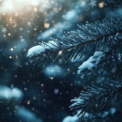 Poster - Close-up view of snow-covered pine needles glistening against a blue winter background in a tranquil snowy forest