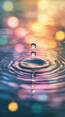 Poster - Close-up of rain droplets creating ripples on a tranquil surface during a colorful evening setting