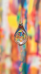 Poster - Close-up of a vivid droplet displaying colorful reflections in a blurred background