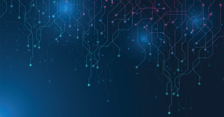 Poster - Blue and pink circuit diagram on dark background. High-tech circuit board connection system. Modern technology circuit board texture background design.