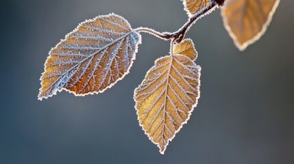 Poster - Frost-covered leaves capture the beauty of winter in a serene outdoor setting