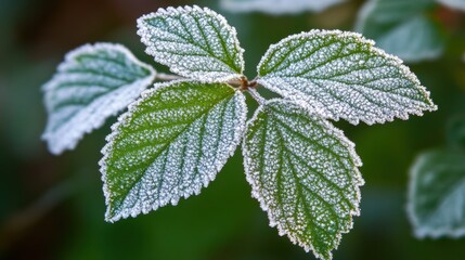 Poster - Frost-covered leaves create a stunning macro view in a winter landscape showcasing nature's beauty