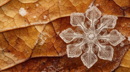Leinwandbilder - Unique snowflake perched delicately on autumn leaves highlighting intricate patterns in nature's design