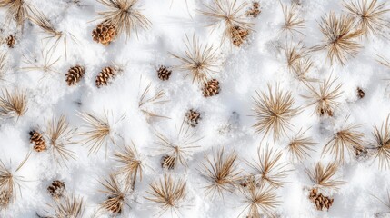 Poster - Macro capture of snow-covered forest floor adorned with pine needles and cones in winter tranquility