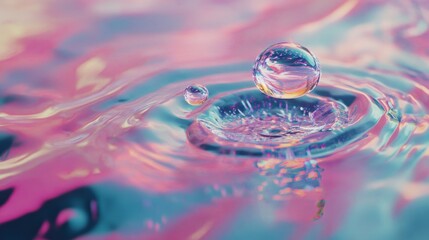 Poster - Close-up of a colorful water droplet creating ripples on a surface with vibrant hues and reflections