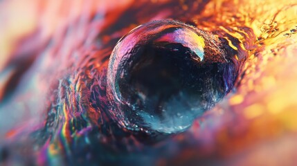 Poster - Close-up of a vibrant water droplet reflecting colors on a textured surface in a calm setting