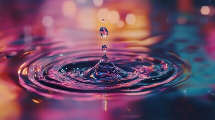 Aufkleber - Close-up of a vibrant water droplet creating ripples in a colorful background at night