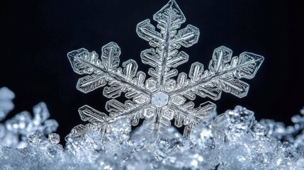 Poster - Extreme close-up revealing intricate details of a snowflake against a dark background