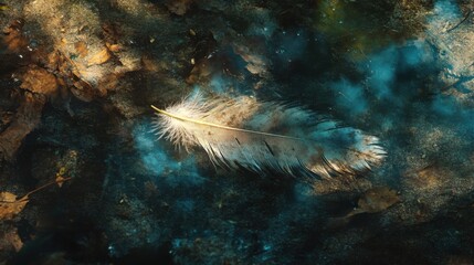 Poster - Detailed macrophotograph capturing a delicate feather resting on a reflective surface amidst scattered leaves