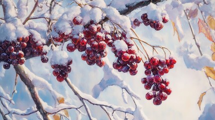 Poster - Winter berries cling to snow-covered branches in a serene landscape