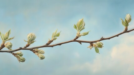 Poster - Spring buds open gracefully on a slender tree branch against a bright sky