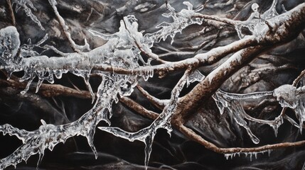 Aufkleber - Close-up view of winter branches adorned with intricate ice formations in a cold landscape