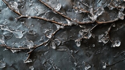 Poster - Close-up of ice-covered winter branches showcasing intricate details on cold, dark background