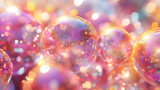 Iridescent Bubbles Abstract Background, Shimmering spheres float in a vibrant, colorful bokeh, creating a dreamy, magical atmosphere.