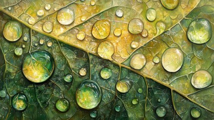 Poster - Close-up view of vibrant water droplets glistening on lush green leaves in a tropical garden during early morning sunlight