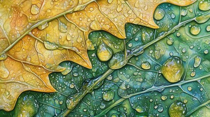 Poster - Close-up view of dew droplets resting on vibrant green and yellow leaves after morning rain