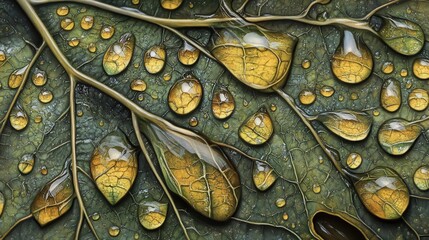 Aufkleber - Close-up view of vibrant water droplets on green leaf showcasing nature's beauty during early morning light