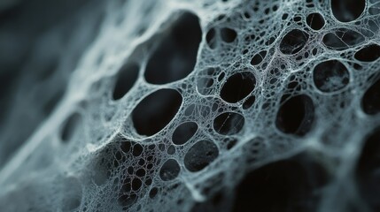 Close-up of an intricate spiderweb showcasing delicate patterns and dew droplets illuminated by morning light