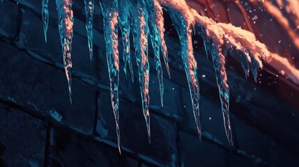 Fototapete - Icicles glisten in the winter sunlight from beneath the eaves of a rustic roof in a frozen landscape