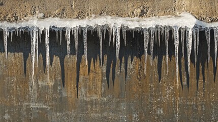 Fototapete - Icicles hanging from the edge of a winter roof in a frosty landscape captured during a cold morning