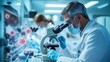 © TensorSpark - Scientists using microscopes in a lab, symbolizing cancer research and discovery.