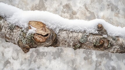 Poster - Snow covers a rustic branch showcasing winter's beauty in a quiet setting