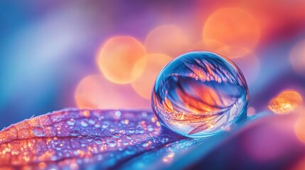 Poster - Crystal-clear droplet on vibrant leaf reflecting colorful bokeh in the background