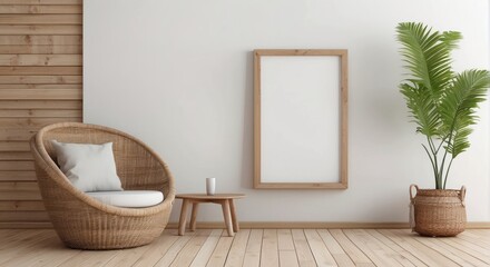 Wall Mural - Minimalist Living Room With Wicker Chair and Plant