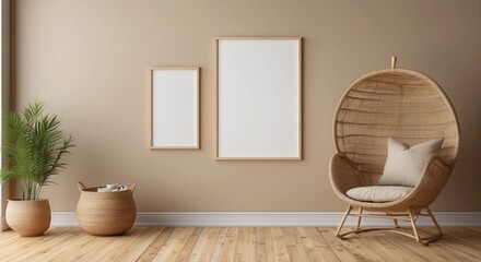 Wall Mural - Minimalist Living Room Decor With Rattan Chair And Frames