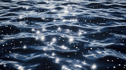 Poster - Tiny water sparkles create an enchanting abstract wallpaper design with shimmering reflections and ripples across dark blue surface